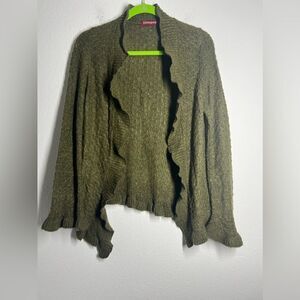 Glimpse Sweater Womens  Green Cotton Crochet Bell Sleeve Ruffle Cardigan Sz M